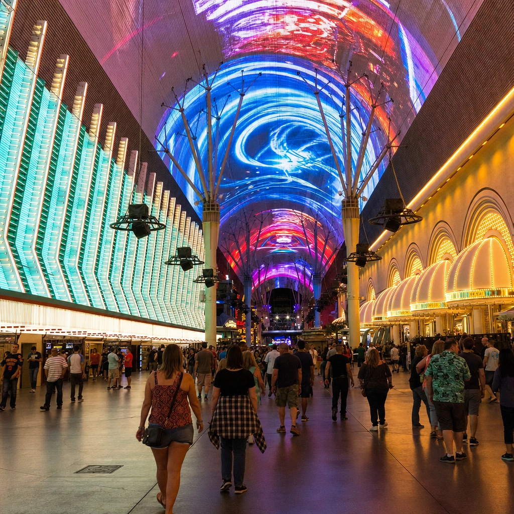 Glowing Fremont Street Experience canopy lit in colorful neon over downtown Las Vegas at night