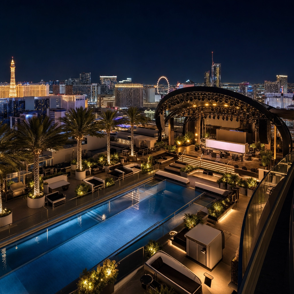 Drai's Rooftop Nightclub With Las Vegas Strip Skyline – Personal Sedan Services Rooftop Las Vegas nightclub at night with a stage and the lit Strip skyline below at Drai's atop The Cromwell