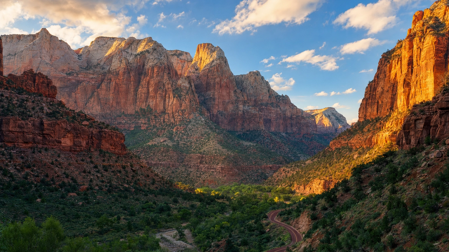 Dramatic Red Rock Canyon Bucket List Drive From Las Vegas – Personal Sedan Services Towering cream and rust sandstone canyon walls at golden hour in the Zion region, a bucket-list drive from Las Vegas