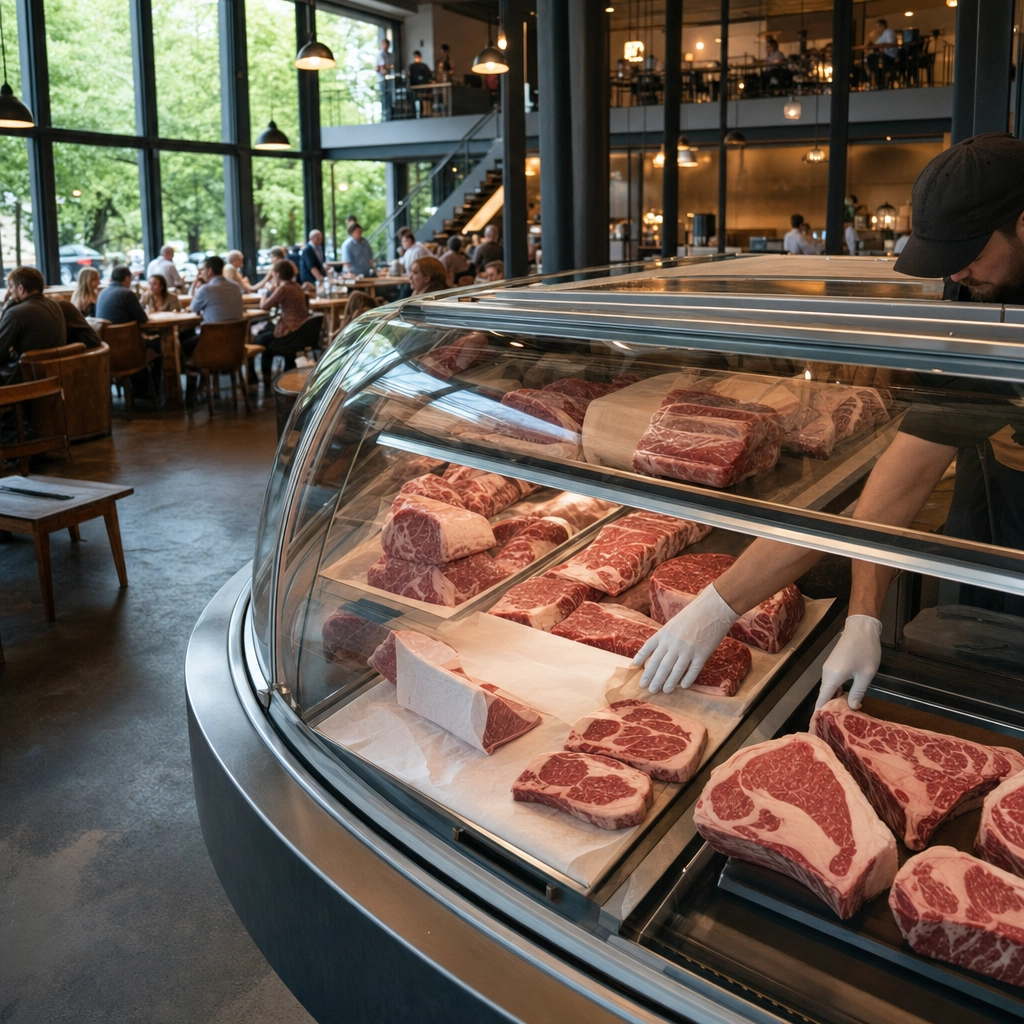 Echo And Rig Steakhouse And Butcher Counter – Personal Sedan Services Glass case of premium beef cuts at a butcher counter beside a relaxed Las Vegas steakhouse dining room