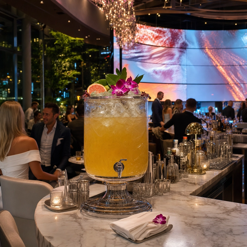 Electra Cocktail Club LED Lounge – Personal Sedan Services Cocktail on a bar in front of a wall of colorful shifting LED light at a Strip lounge