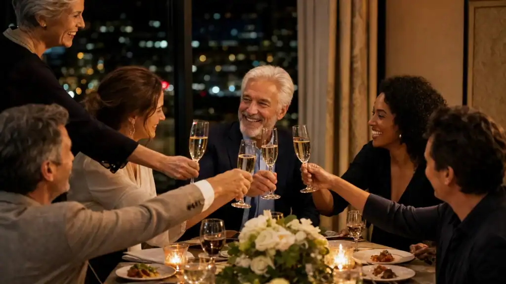Group of guests raising champagne glasses to toast a retiree at an elegant private dinner celebration