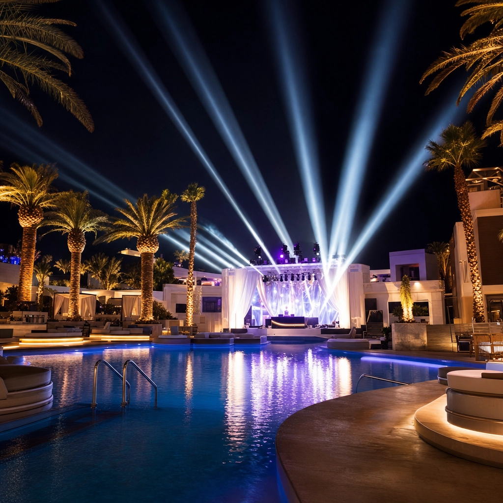 Encore Beach Club At Night Open-Air Poolside Stage – Personal Sedan Services Open-air Las Vegas poolside nightclub at night with a lit DJ stage, cabanas, and palm trees at Encore Beach Club