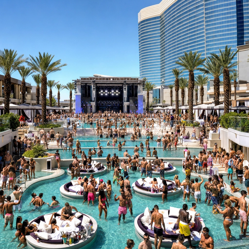 Encore Beach Club Las Vegas Mega Dayclub Pool – Personal Sedan Services Large three-tier Las Vegas dayclub pool packed with a daytime party crowd and a DJ stage