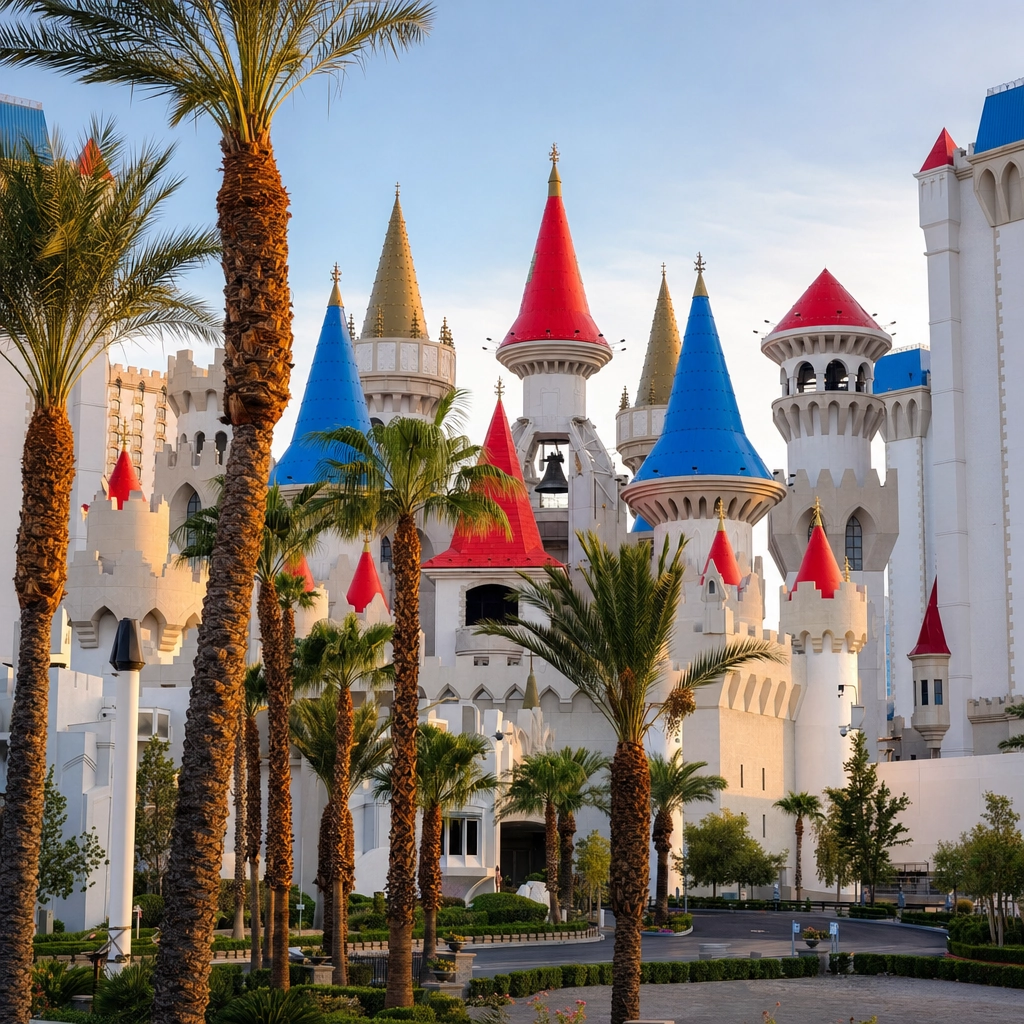 Excalibur Castle Resort On The South Strip – Personal Sedan Services Whimsical white castle-themed resort with colorful turrets on the south Las Vegas Strip near the airport