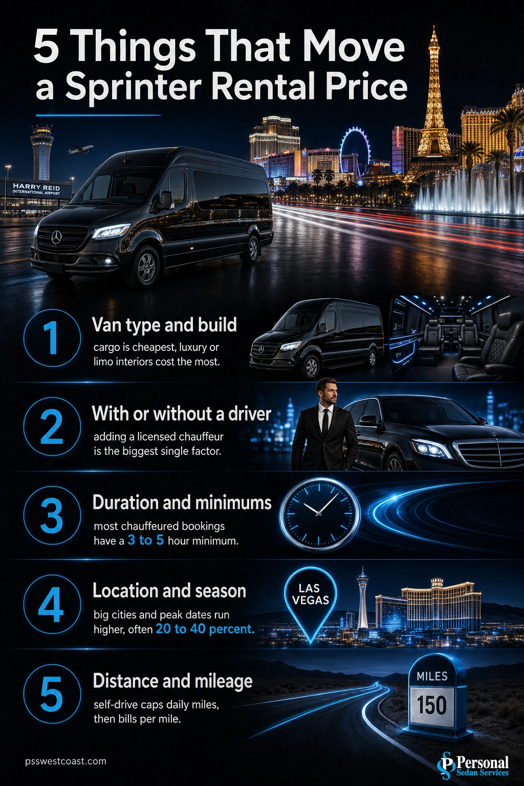 Five Factors That Affect A Sprinter Van Rental Price – Personal Sedan Services Infographic listing five factors that change a Sprinter van rental price, including van type, driver, duration, location, and mileage
