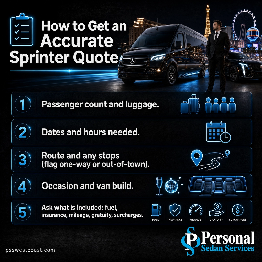 Five-Point Checklist For An Accurate Sprinter Van Quote – Personal Sedan Services Checklist infographic showing five details to prepare for an accurate Sprinter van rental quote