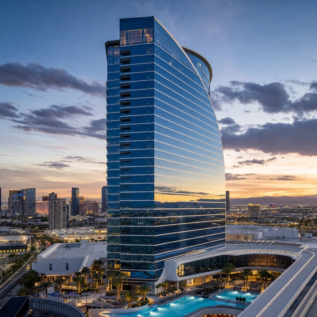 Fontainebleau Modern Blue-Glass Tower At Twilight – Personal Sedan Services Sleek modern blue-glass luxury hotel skyscraper rising over the north Las Vegas Strip at twilight, representing Fontainebleau