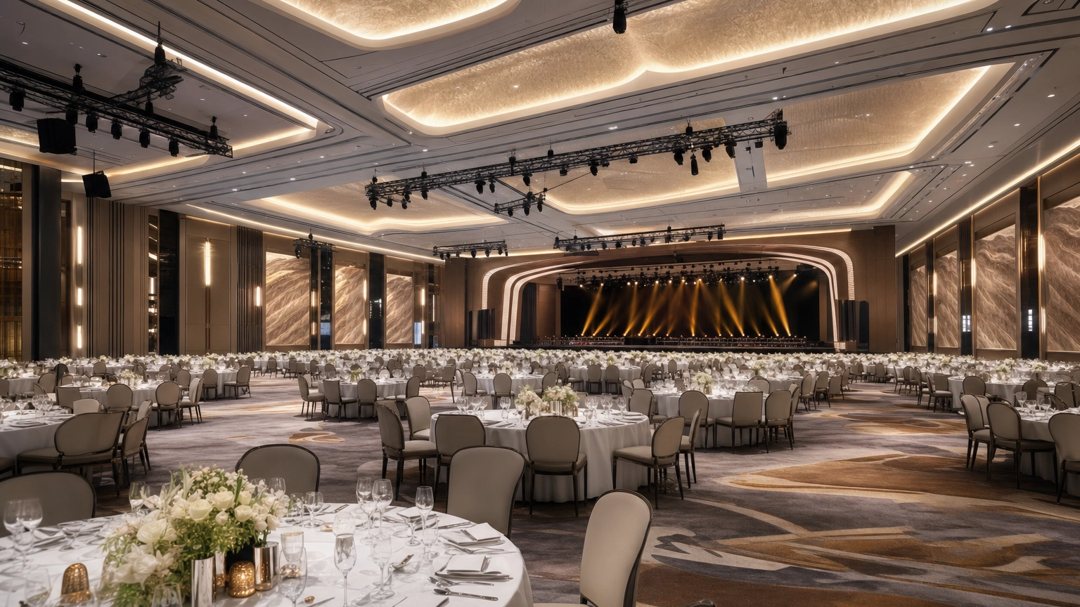 Fontainebleau Modern Royal Ballroom Corporate Dinner – Personal Sedan Services Vast modern pillarless Las Vegas grand ballroom set for a large corporate gala dinner