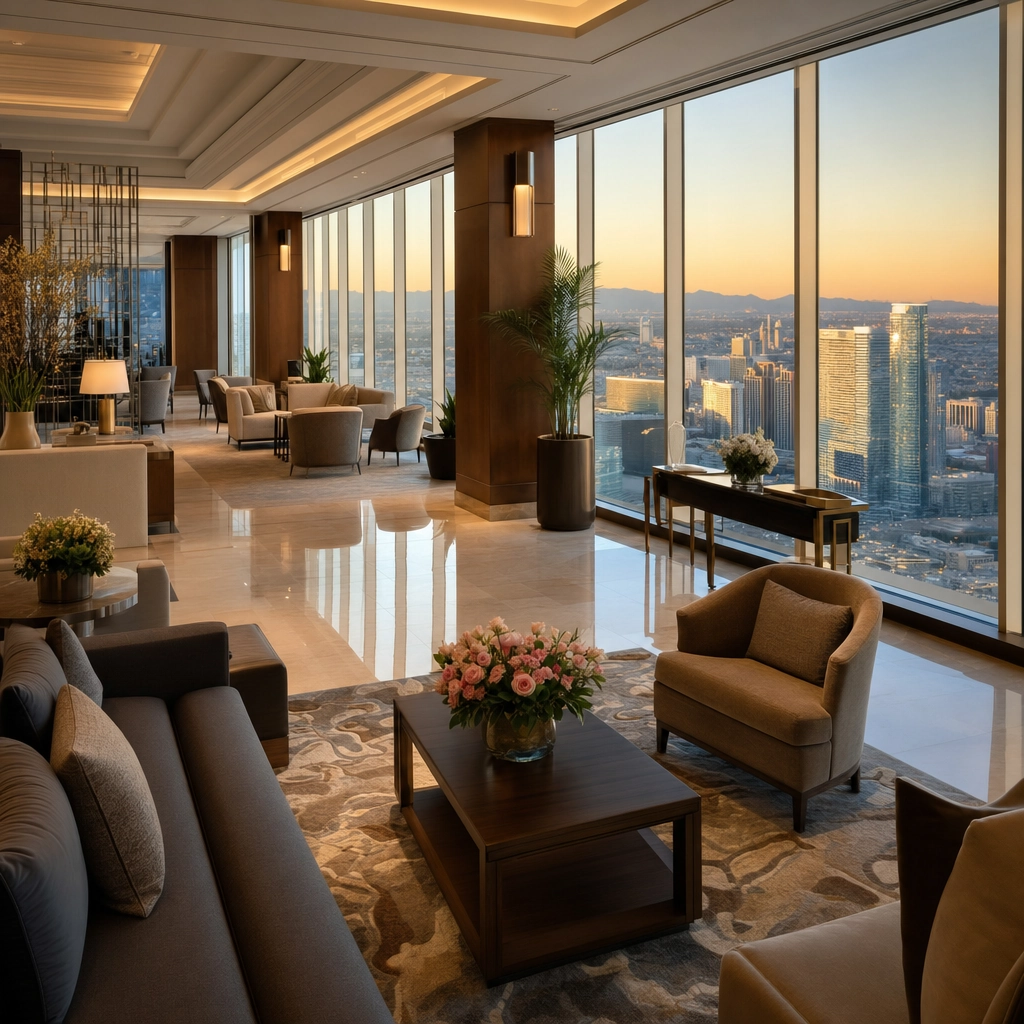 Four Seasons Hotel Las Vegas Five-Star Lobby – Personal Sedan Services Refined non-gaming five-star hotel lobby lounge high in a Las Vegas tower with a Strip view at evening