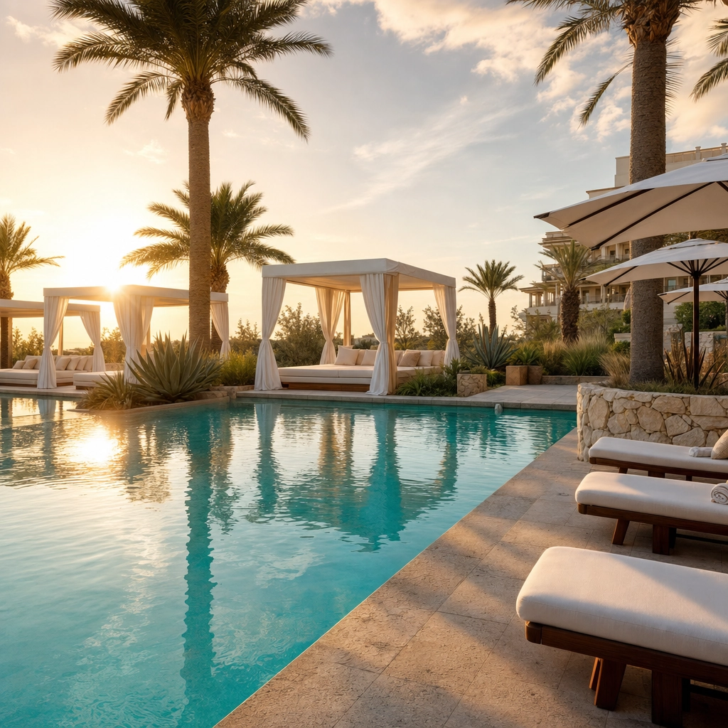 Four Seasons Las Vegas Private Pool Terrace – Personal Sedan Services Serene private luxury hotel pool terrace with cabanas and palms, representing the non-gaming Four Seasons Las Vegas