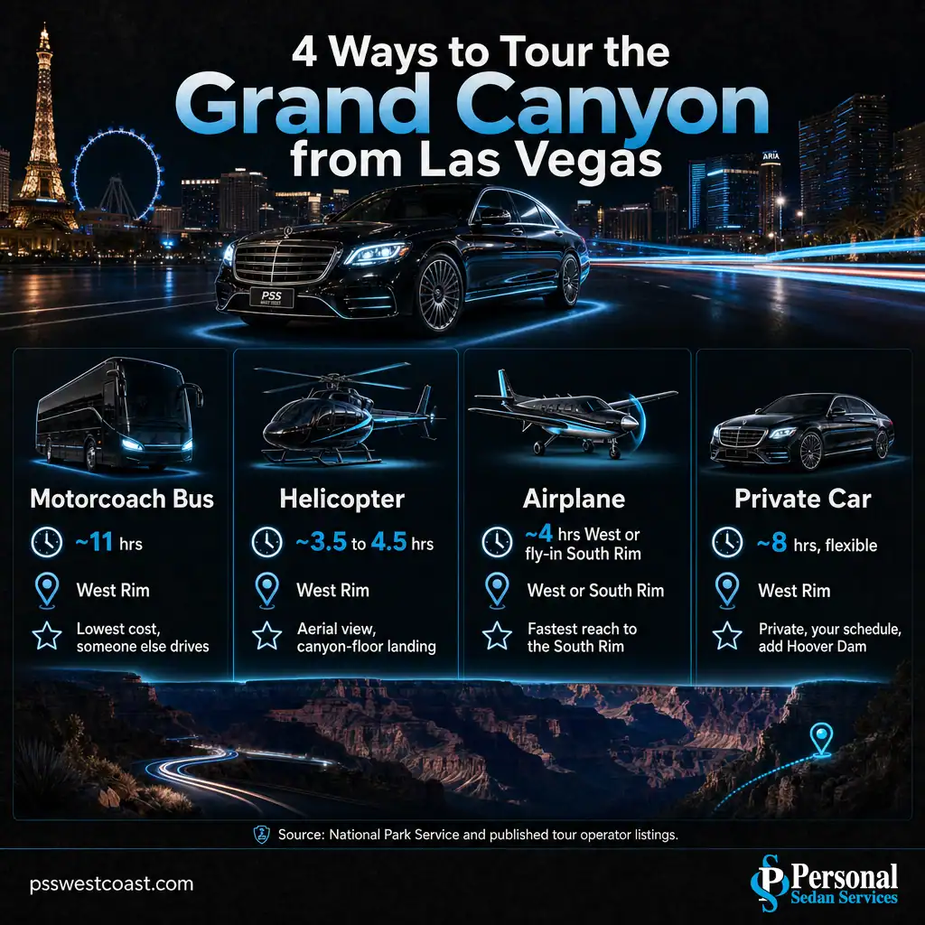 Infographic comparing bus, helicopter, airplane, and private car Grand Canyon tours from Las Vegas by time, rim, and experience