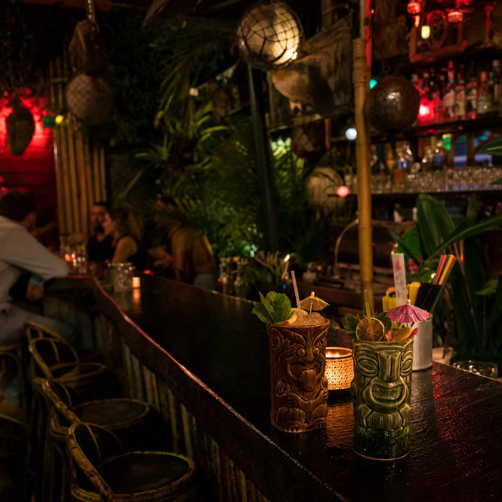 Frankies Tiki Room Dive Cocktails – Personal Sedan Services Strong tropical cocktails in carved mugs on a dark bar in a divey Las Vegas tiki room