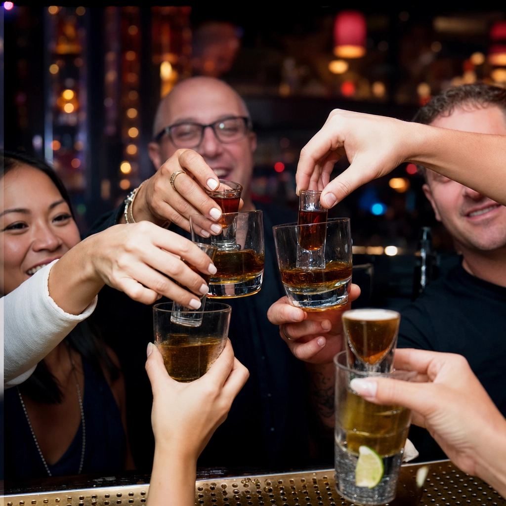 Friends Toasting Bomb Shots In Las Vegas – Personal Sedan Services Group of friends raising bomb shots in a toast at a lively Las Vegas bar at night