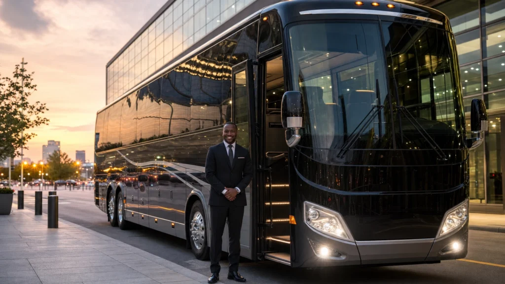 Full-size charter motorcoach parked at a convention center with a professional driver beside the open door
