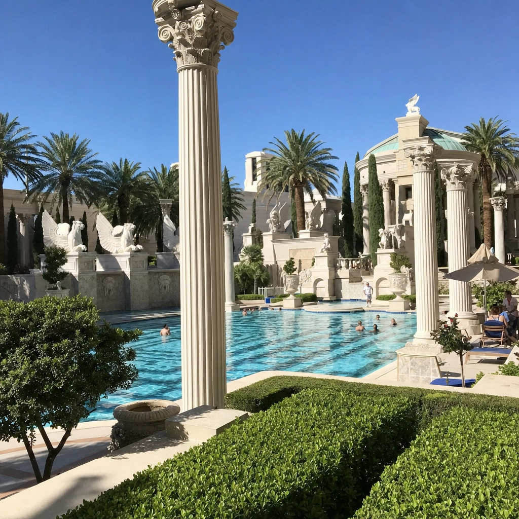 Garden Of The Gods Pool Oasis At Caesars Palace – Personal Sedan Services Roman-themed Garden of the Gods pool with marble columns at Caesars Palace Las Vegas