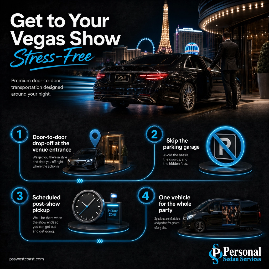Get To Your Vegas Show Stress Free – Personal Sedan Services Infographic of four steps to reach a Las Vegas residency stress-free: drop-off, skip parking, scheduled pickup, one vehicle