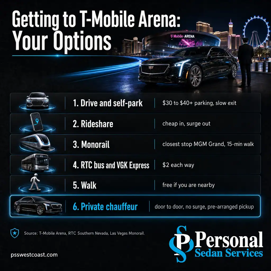 Getting To T-Mobile Arena Transportation Options Compared – Personal Sedan Services Infographic comparing ways to get to T-Mobile Arena: drive, rideshare, monorail, bus, walk, and private chauffeur