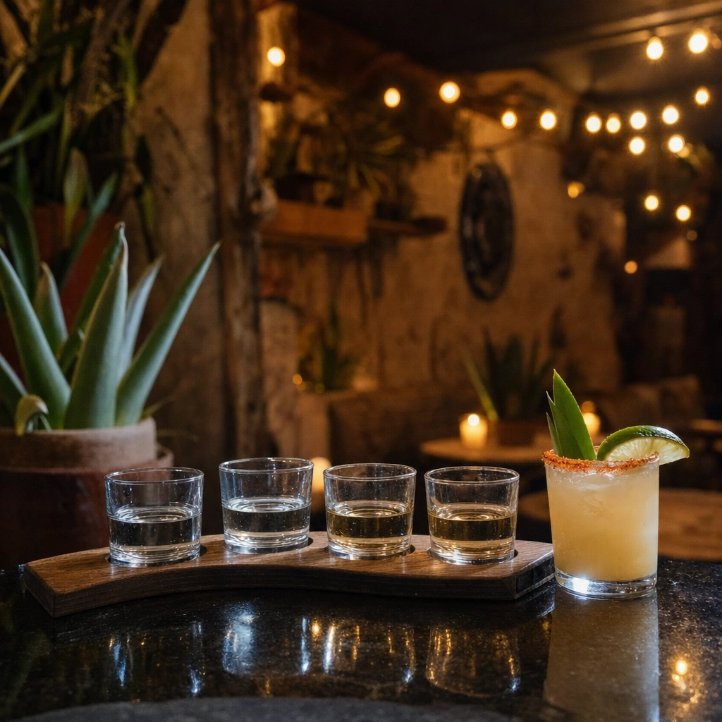 Ghost Donkey Mezcal Agave Lounge – Personal Sedan Services Mezcal and tequila flight with a cocktail in a twinkle-lit hidden agave lounge