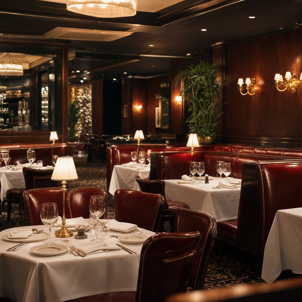 Golden Steer Vintage Steakhouse Dining Room – Personal Sedan Services Dim red-leather booths and dark wood in a classic old-school Las Vegas steakhouse dining room