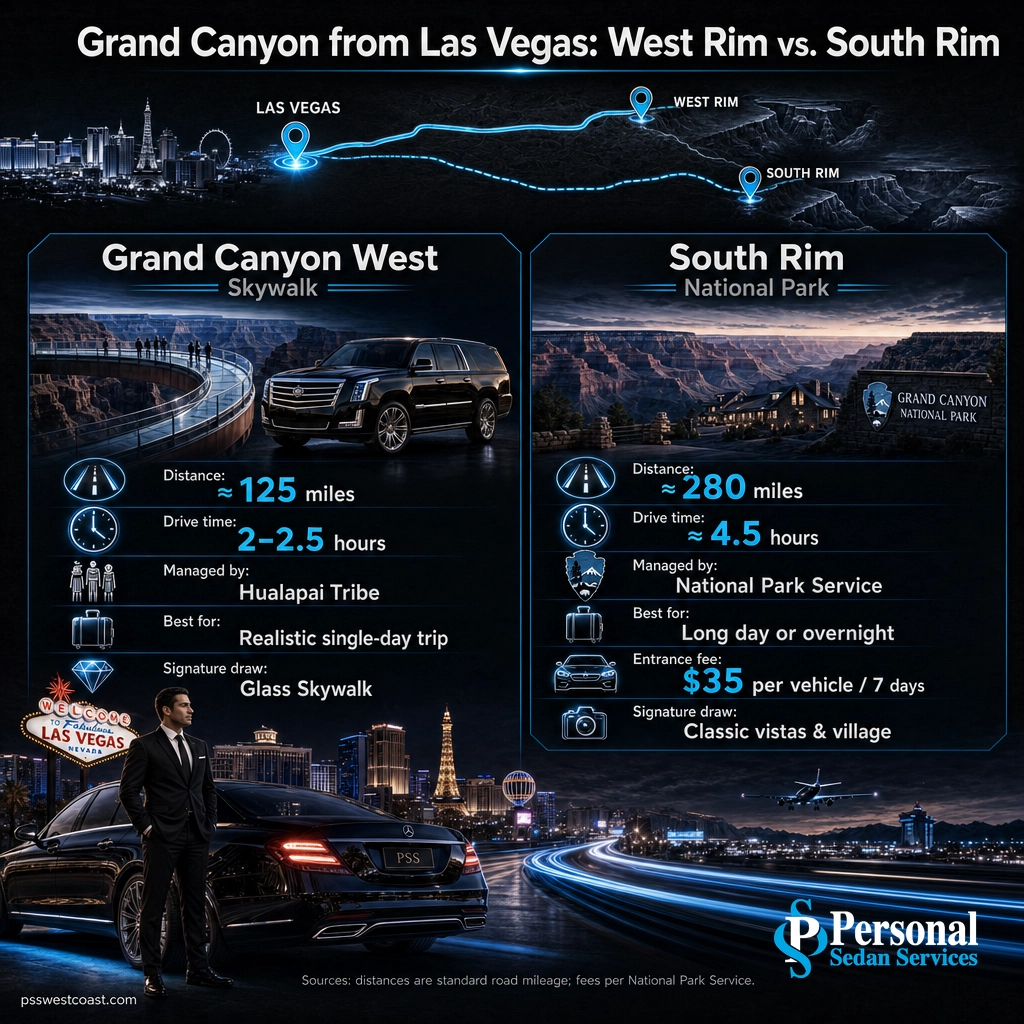 Comparison infographic of Grand Canyon West Rim and South Rim distance and drive time from Las Vegas