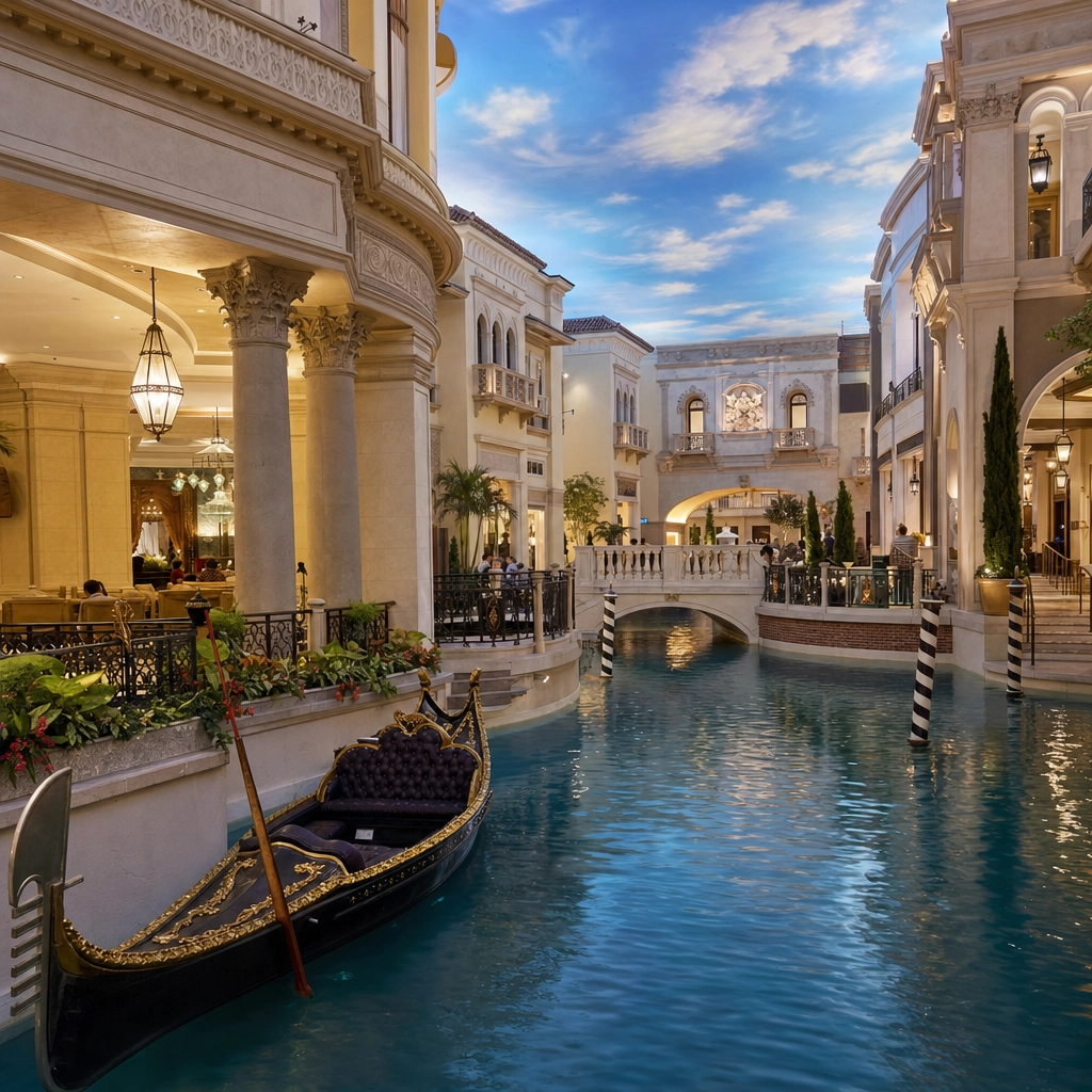 Venice-themed Las Vegas resort interior with an indoor canal, gondola, and painted-sky ceilings