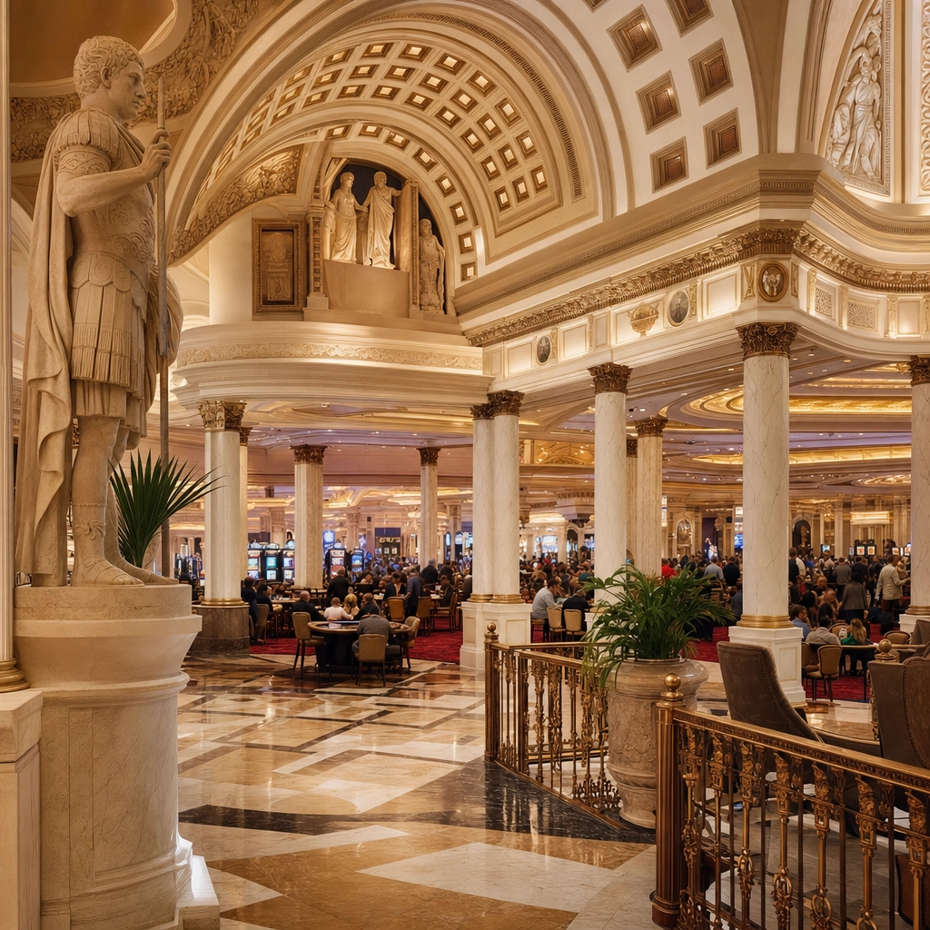 Opulent Roman-themed Las Vegas casino interior with marble columns, statues, and golden lighting