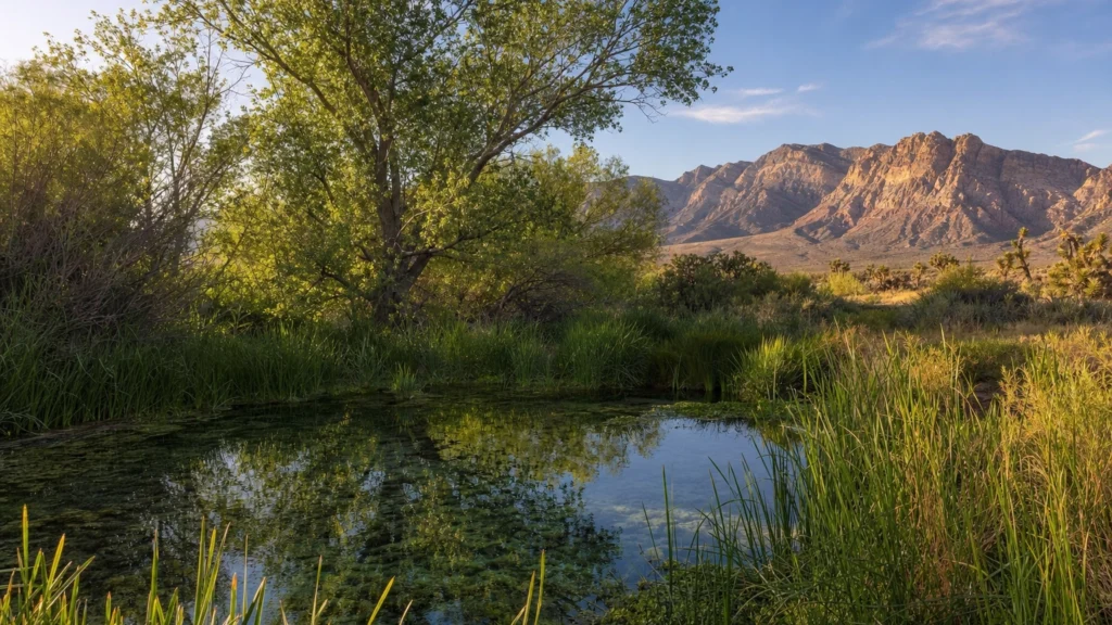 A green spring-fed meadow with grasses and cottonwood trees in the desert Las Vegas Valley, the scene behind the name the meadows
