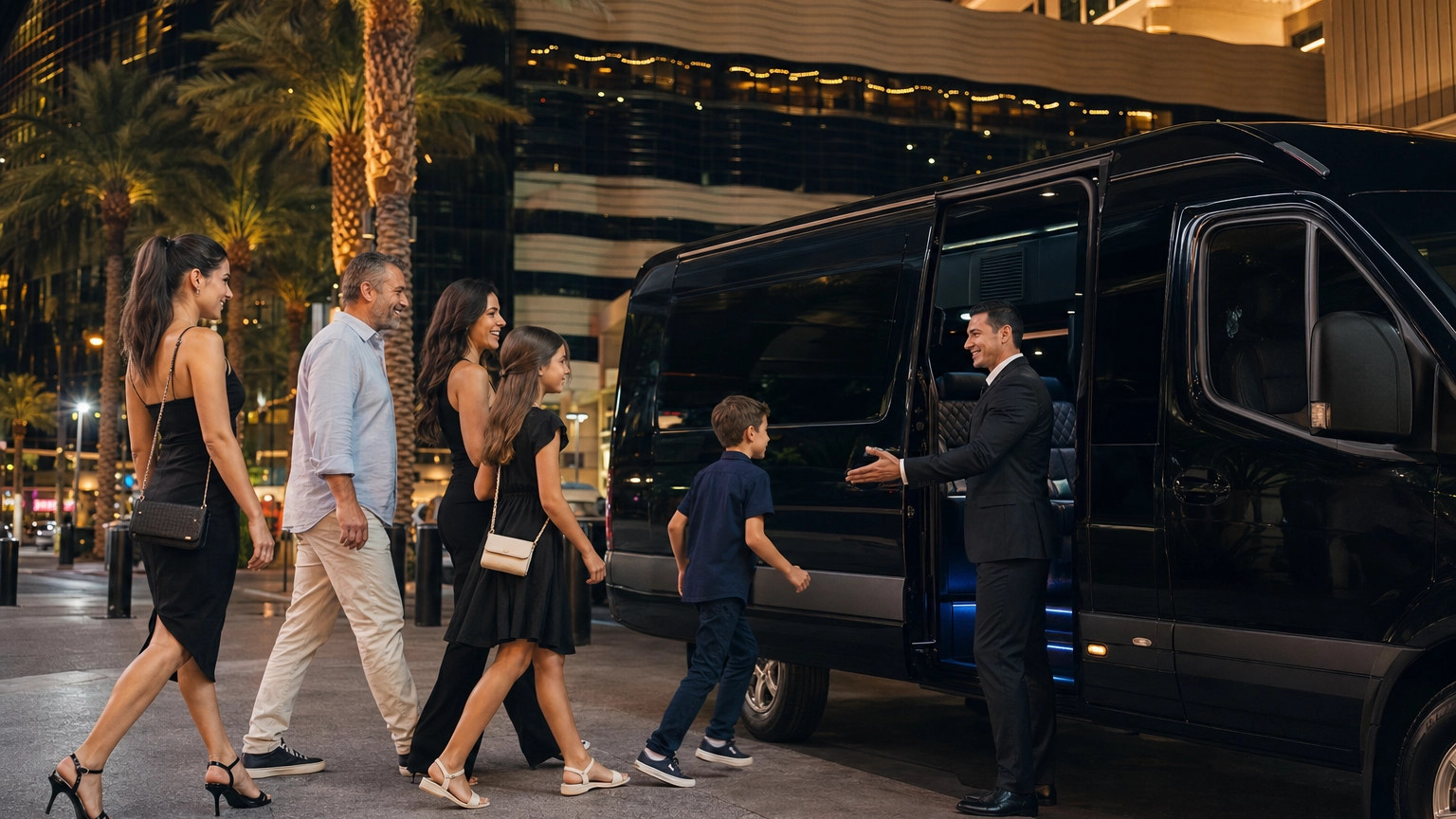 Mixed-age group boarding a black luxury Sprinter van with a chauffeur on the Las Vegas Strip
