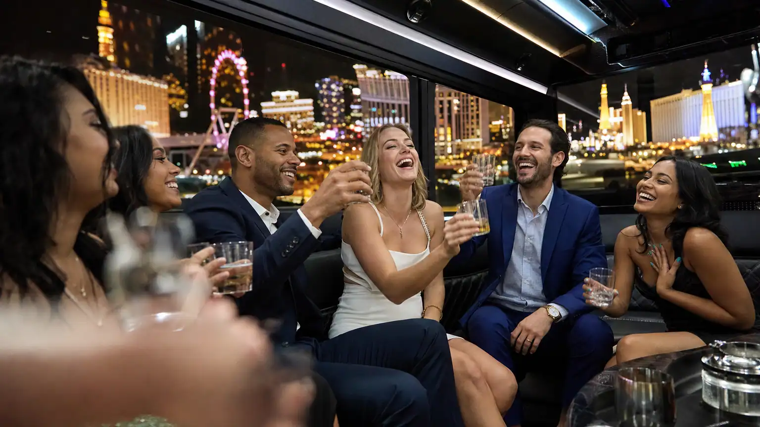 Friends celebrating and toasting inside a luxury party bus with the neon Las Vegas Strip glowing outside