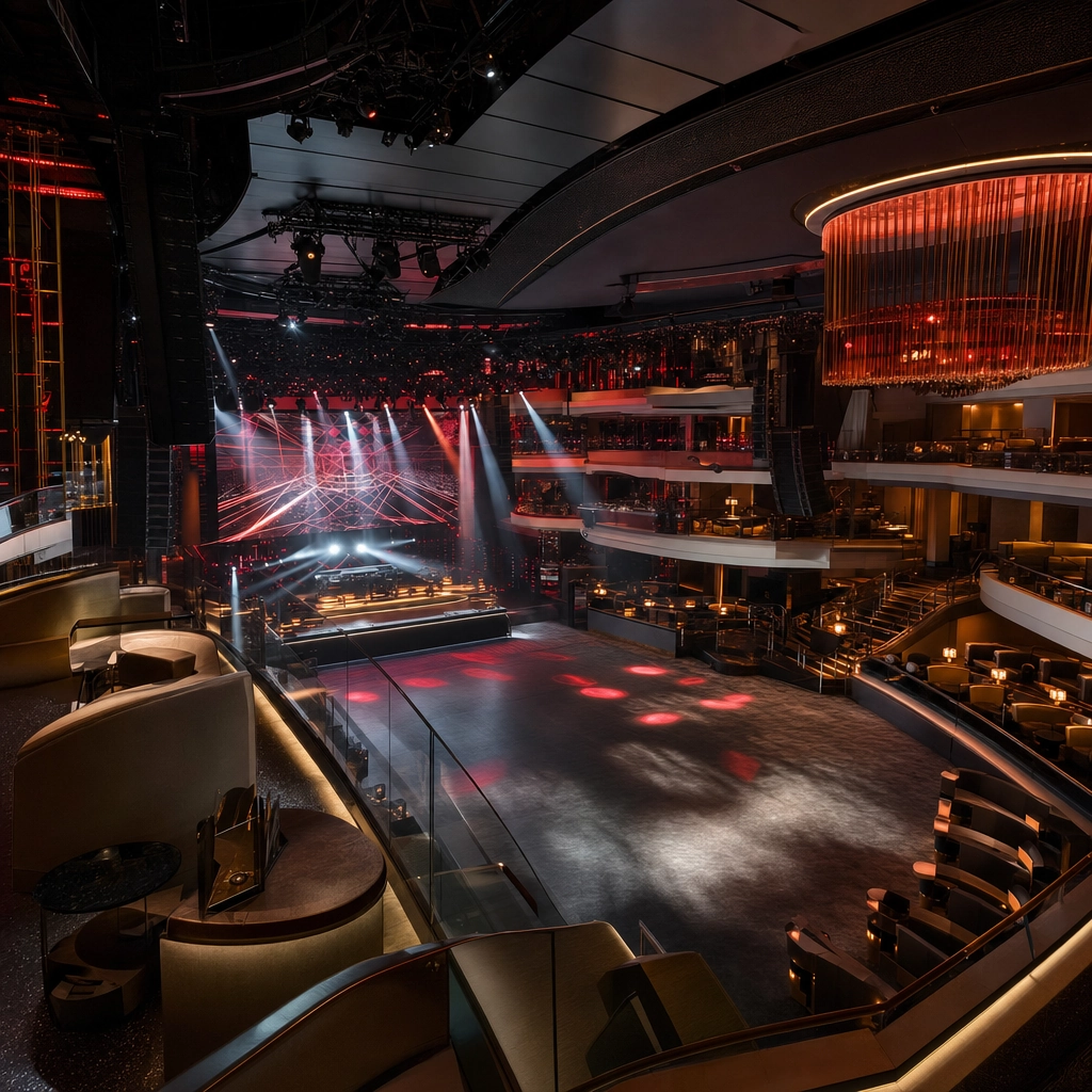 Hakkasan Nightclub MGM Grand Multi-Level Main Room – Personal Sedan Services Soaring multi-level Las Vegas EDM nightclub interior with tiered balconies and a stage DJ booth at Hakkasan