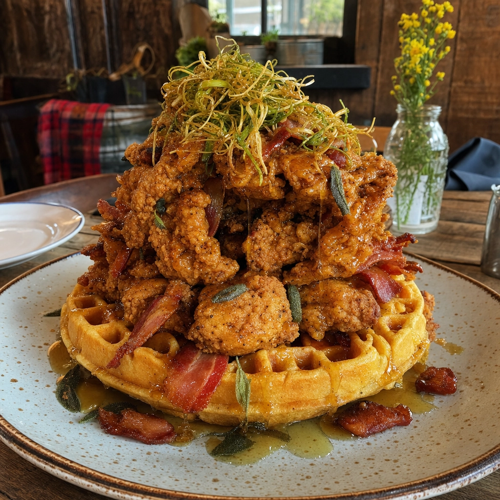 Hash House A Go Go Chicken Waffle Tower Las Vegas – Personal Sedan Services Towering sage fried chicken and bacon waffle plate at a casual Las Vegas farm-food diner