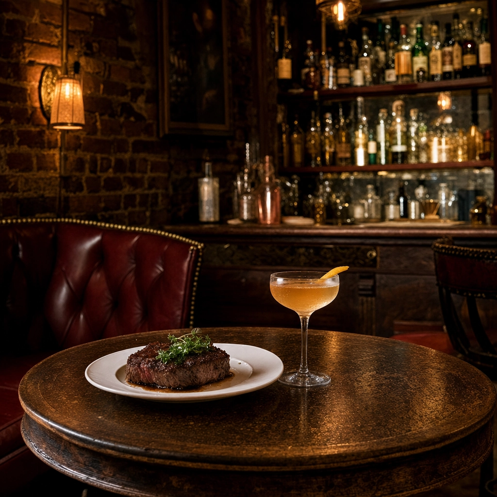 Herbs And Rye Cocktail And Steak Den – Personal Sedan Services Speakeasy-style Las Vegas steak and cocktail room with a classic back bar and low warm light