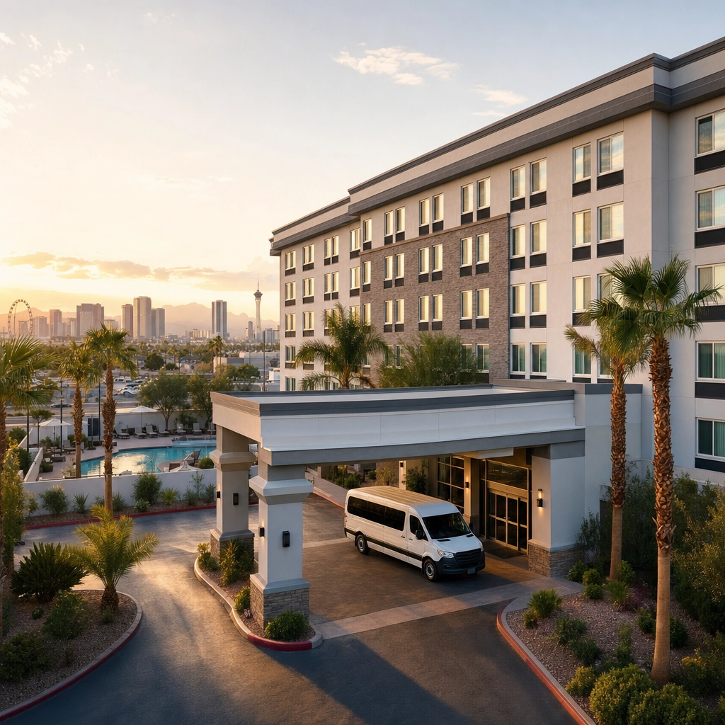 Hilton Garden Inn Las Vegas Strip South With Airport Shuttle – Personal Sedan Services Clean contemporary mid-scale hotel exterior with a waiting shuttle van near the south Las Vegas Strip at golden hour