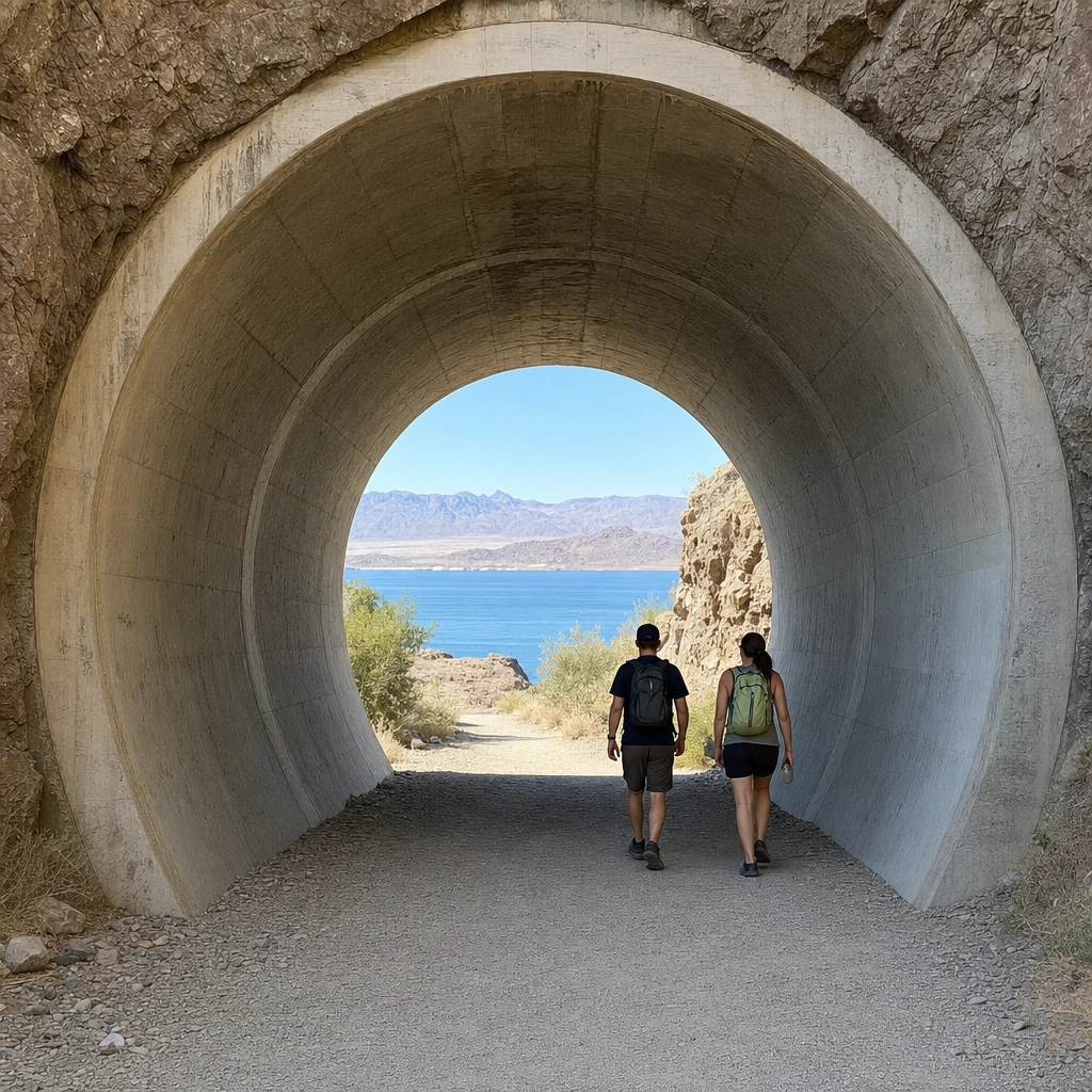 Historic Railroad Trail Tunnel Lake Mead – Personal Sedan Services Hikers walking through one of the five rock tunnels on the Historic Railroad Trail at Lake Mead