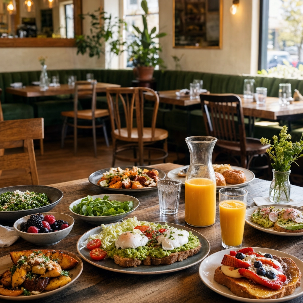 Honey Salt Summerlin Farm To Table Brunch – Personal Sedan Services Bright neighborhood brunch table with farm-to-table plates and green banquettes in Summerlin