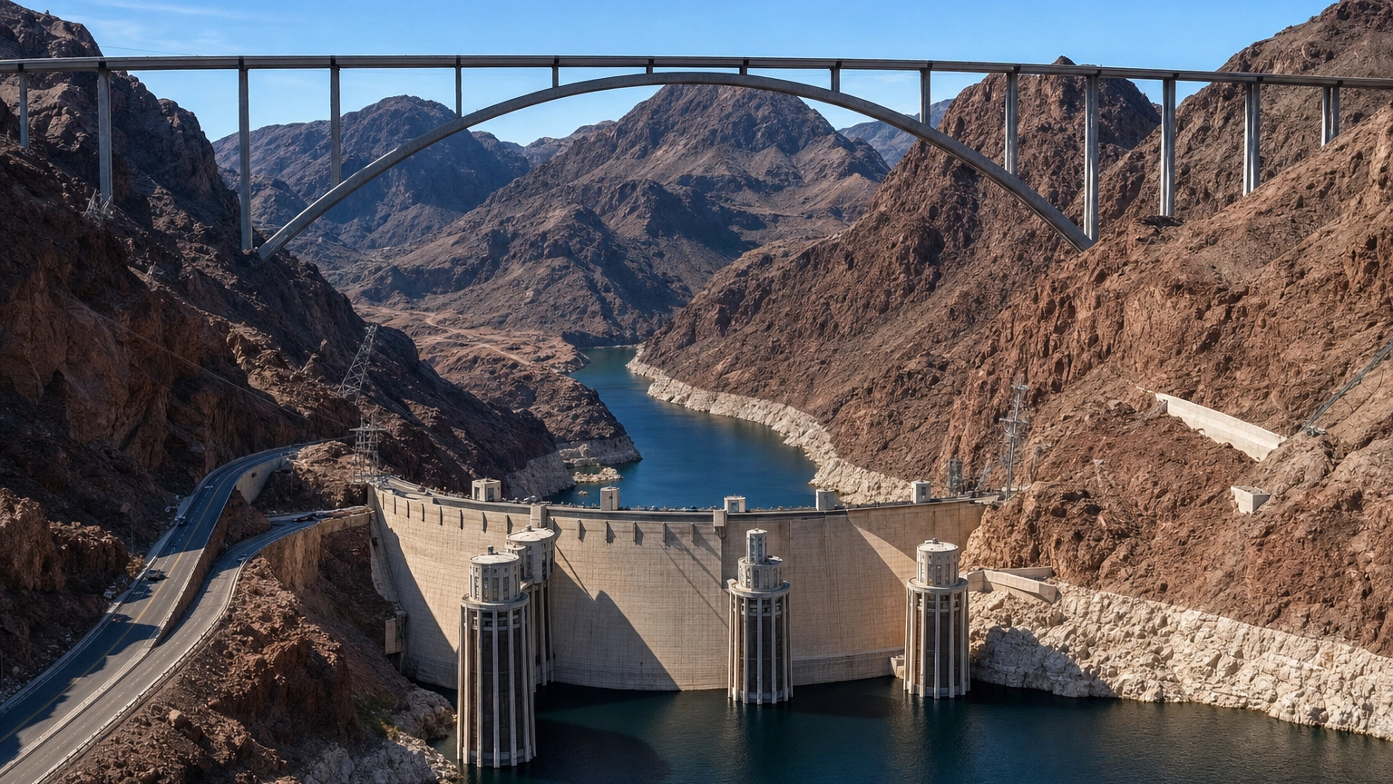 Hoover Dam And Lake Mead Day Trip From Las Vegas – Personal Sedan Services The Hoover Dam and memorial bridge over the Colorado River with Lake Mead behind, a 45-minute drive from Las Vegas