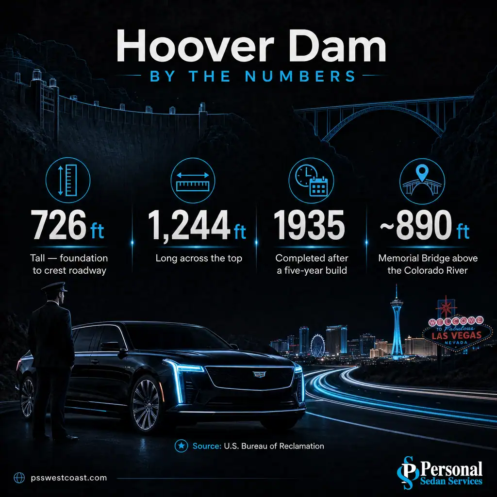 Hoover Dam By The Numbers Facts Infographic – Personal Sedan Services Infographic of Hoover Dam facts: 726 feet tall, 1,244 feet long, completed 1935, bridge 890 feet above the river