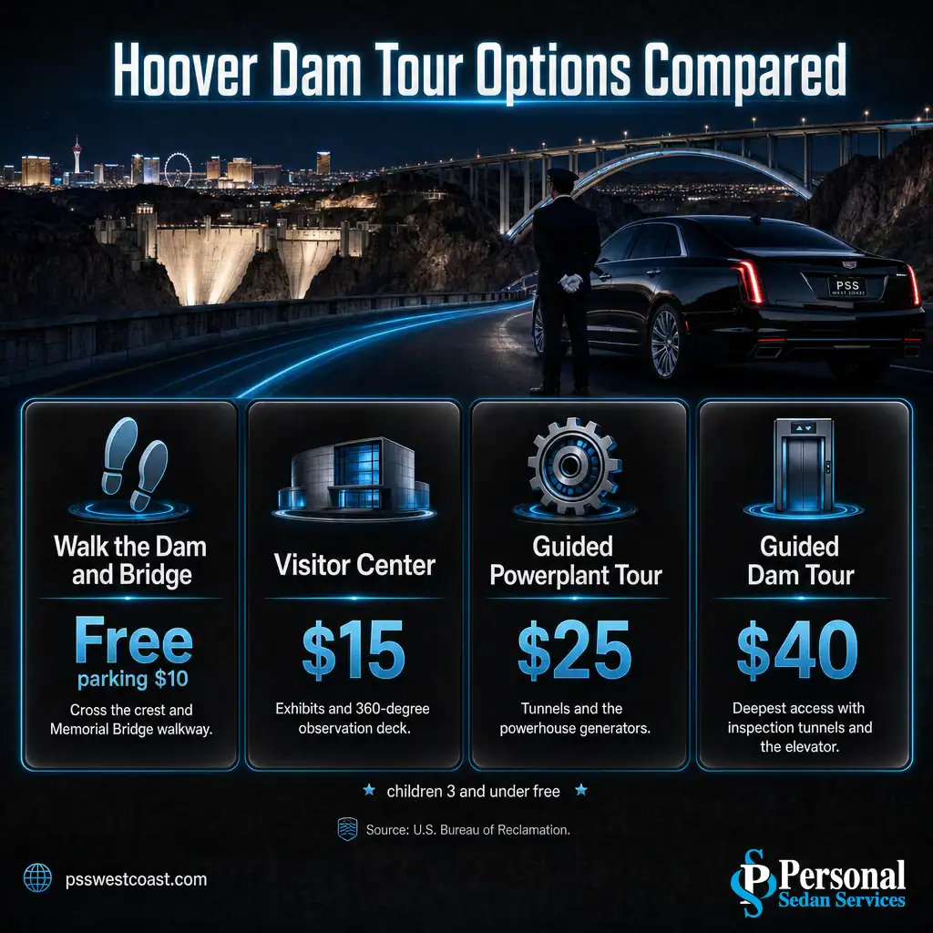 Hoover Dam Tour Options And Prices Compared – Personal Sedan Services Infographic comparing Hoover Dam tour options and prices: free dam walk, Visitor Center, Powerplant Tour, and Guided Dam Tour