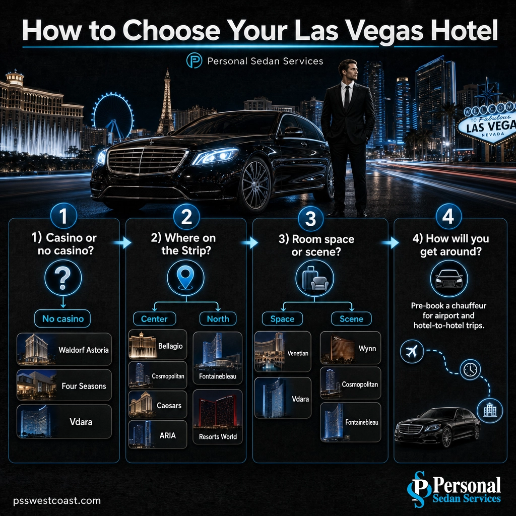 How To Choose Your Las Vegas Hotel Decision Guide – Personal Sedan Services Decision infographic with four questions to choose the right luxury Las Vegas hotel