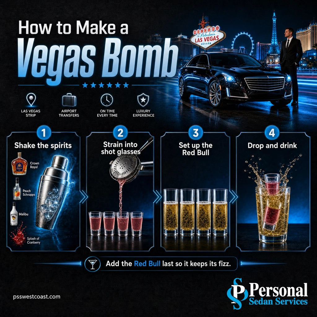 How To Make A Vegas Bomb Steps – Personal Sedan Services Four-step infographic showing how to make a Vegas Bomb: shake, strain, set up Red Bull, drop and drink