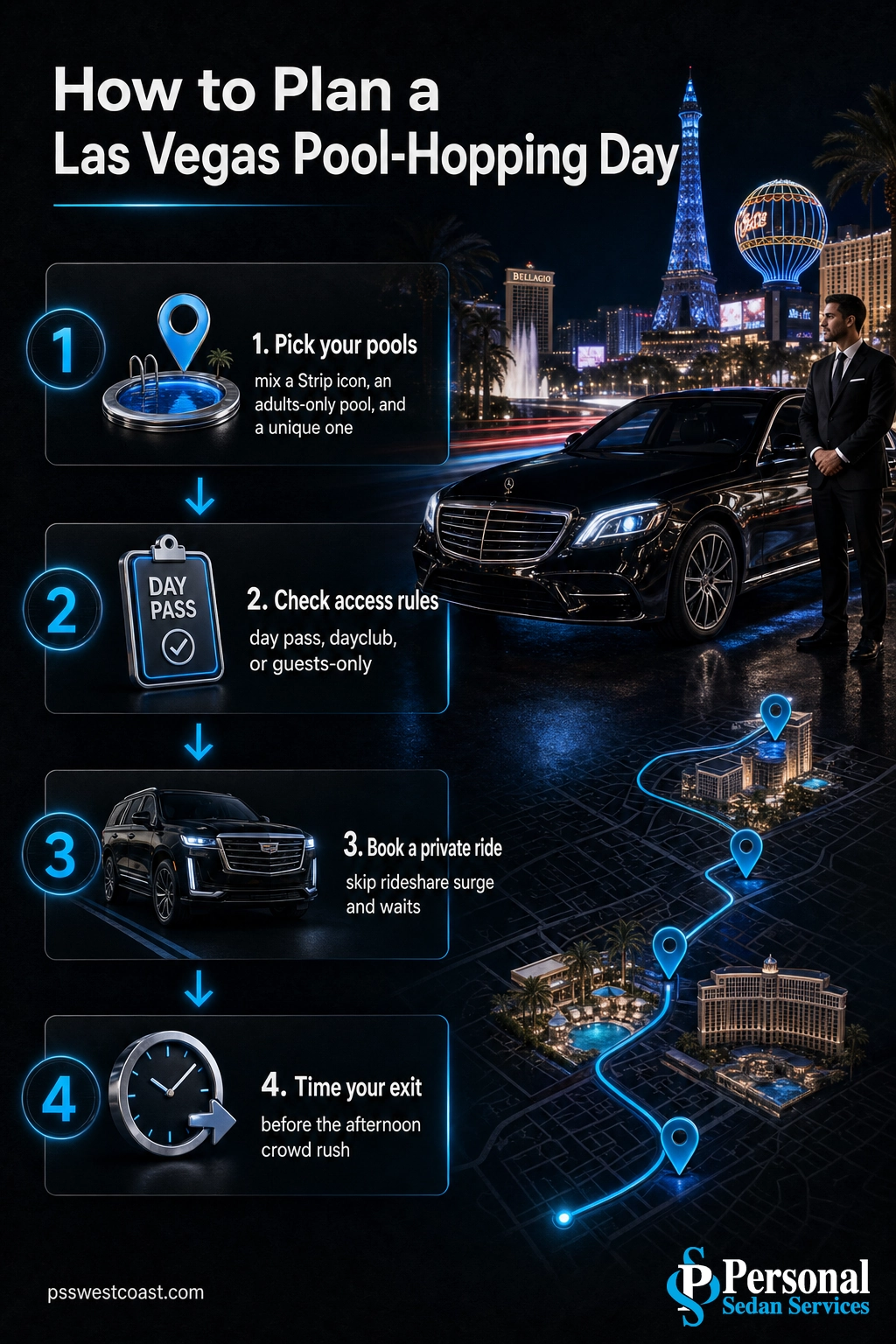 How To Plan A Las Vegas Pool-Hopping Day – Personal Sedan Services Infographic showing four steps to plan a Las Vegas hotel pool-hopping day