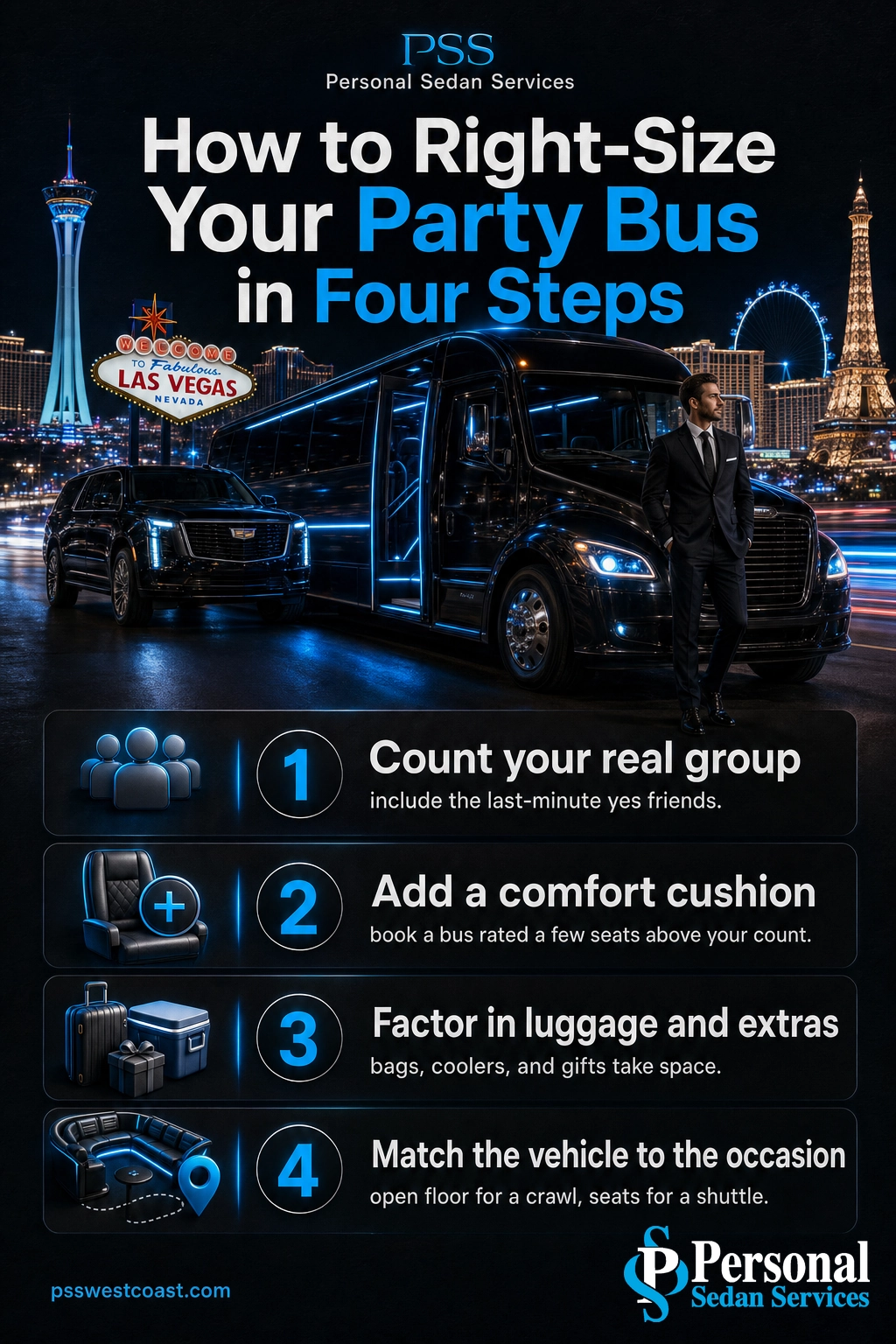 How To Right-Size A Party Bus In Four Steps – Personal Sedan Services Four-step decision checklist infographic for choosing the right party bus size for your group