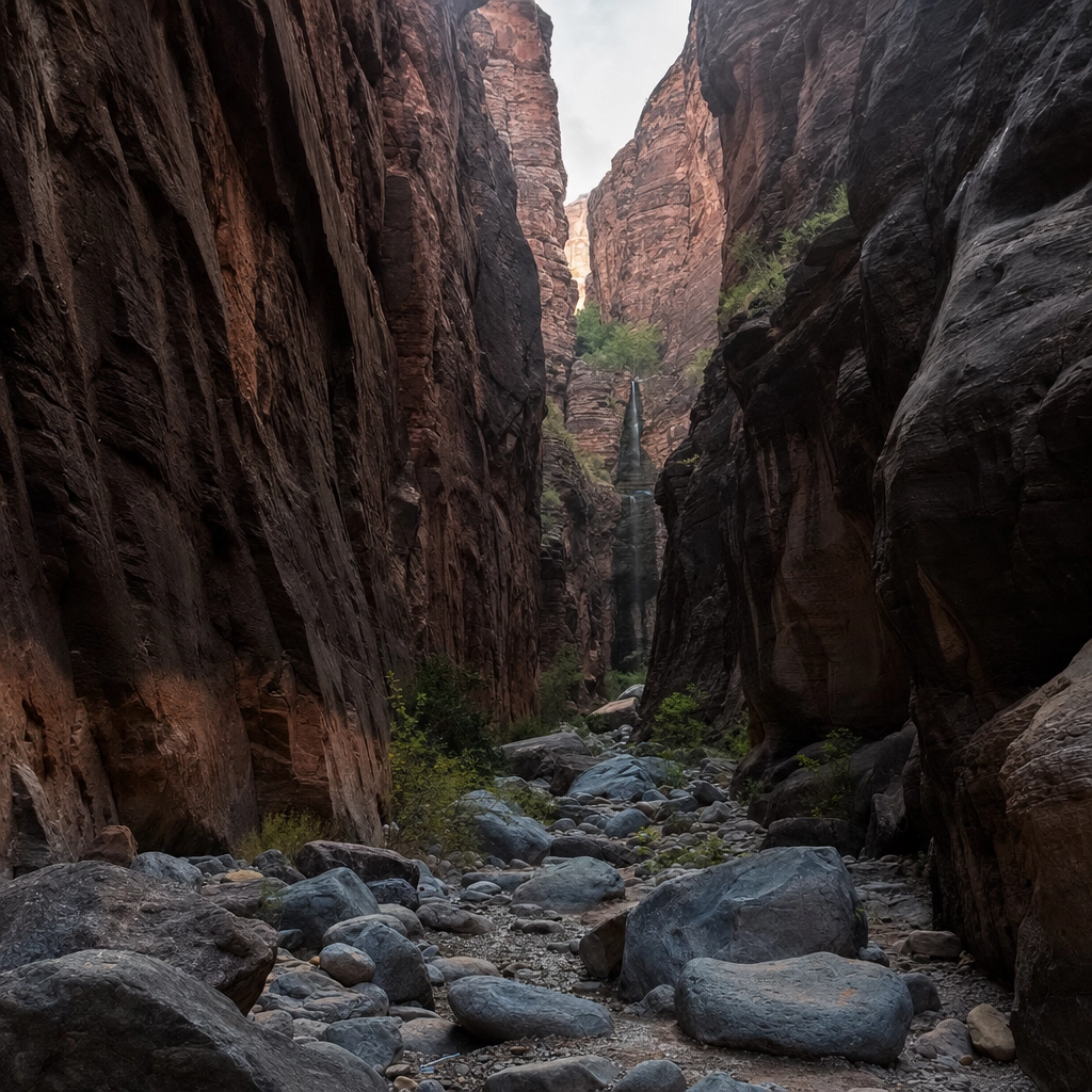 Ice Box Canyon Shaded Red Rock – Personal Sedan Services The shaded, boulder-filled interior of Ice Box Canyon with a seasonal waterfall in Red Rock Canyon