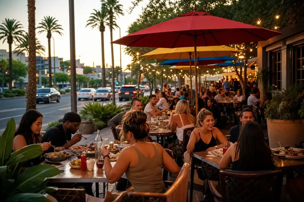 Outdoor restaurant patio at sunset with colorful umbrellas, string lights, and groups of people dining on a busy street.