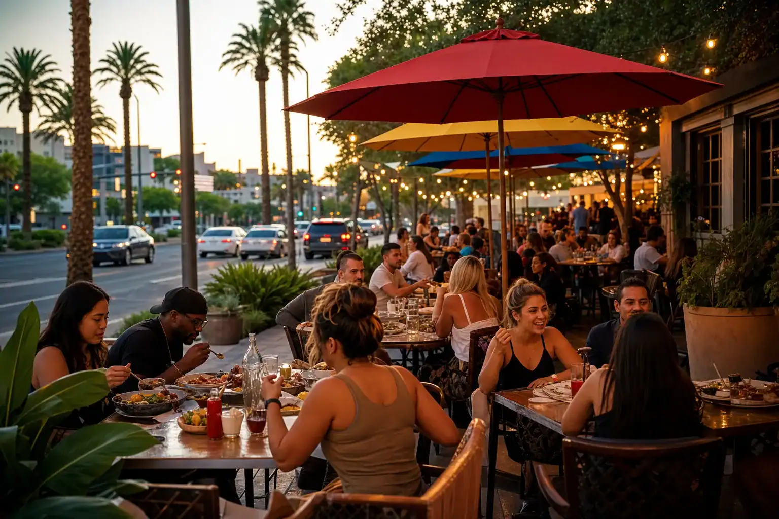 Outdoor restaurant patio at sunset with colorful umbrellas, string lights, and groups of people dining on a busy street.