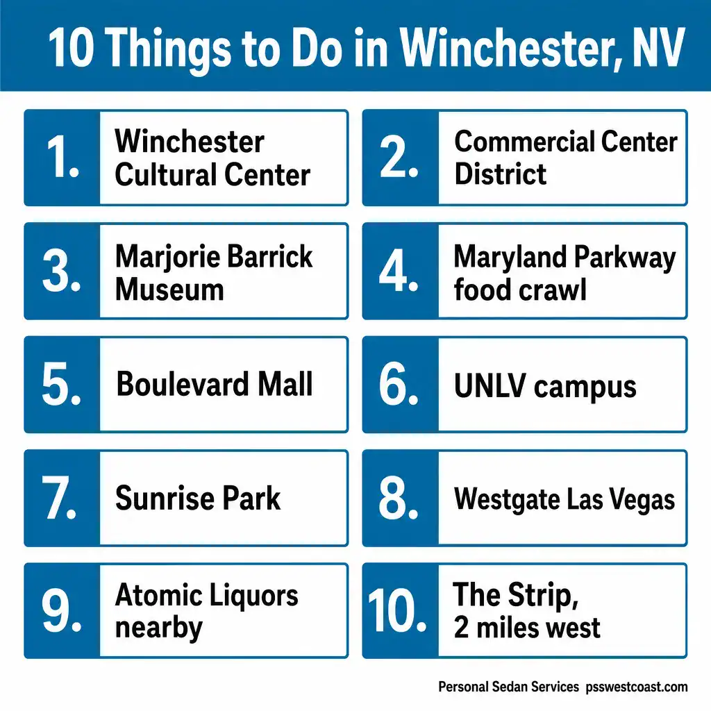 Ten things to do in Winchester, NV: Winchester Cultural Center; Commercial Center District; Marjorie Barrick Museum; Maryland Parkway food crawl; Boulevard Mall; UNLV campus; Sunrise Park; Westgate Las Vegas; Atomic Liquors nearby; The Strip, 2 miles west.