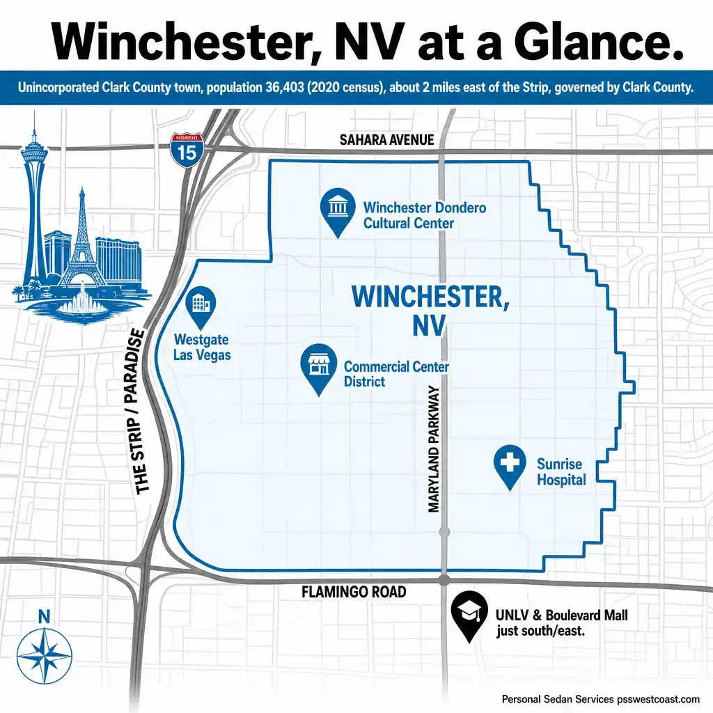 Map of Winchester, NV with a blue boundary showing major landmarks: Winchester Dondero Cultural Center, Westgate Las Vegas, Commercial Center District, Sunrise Hospital, and Flamingo Road/I-15 area.