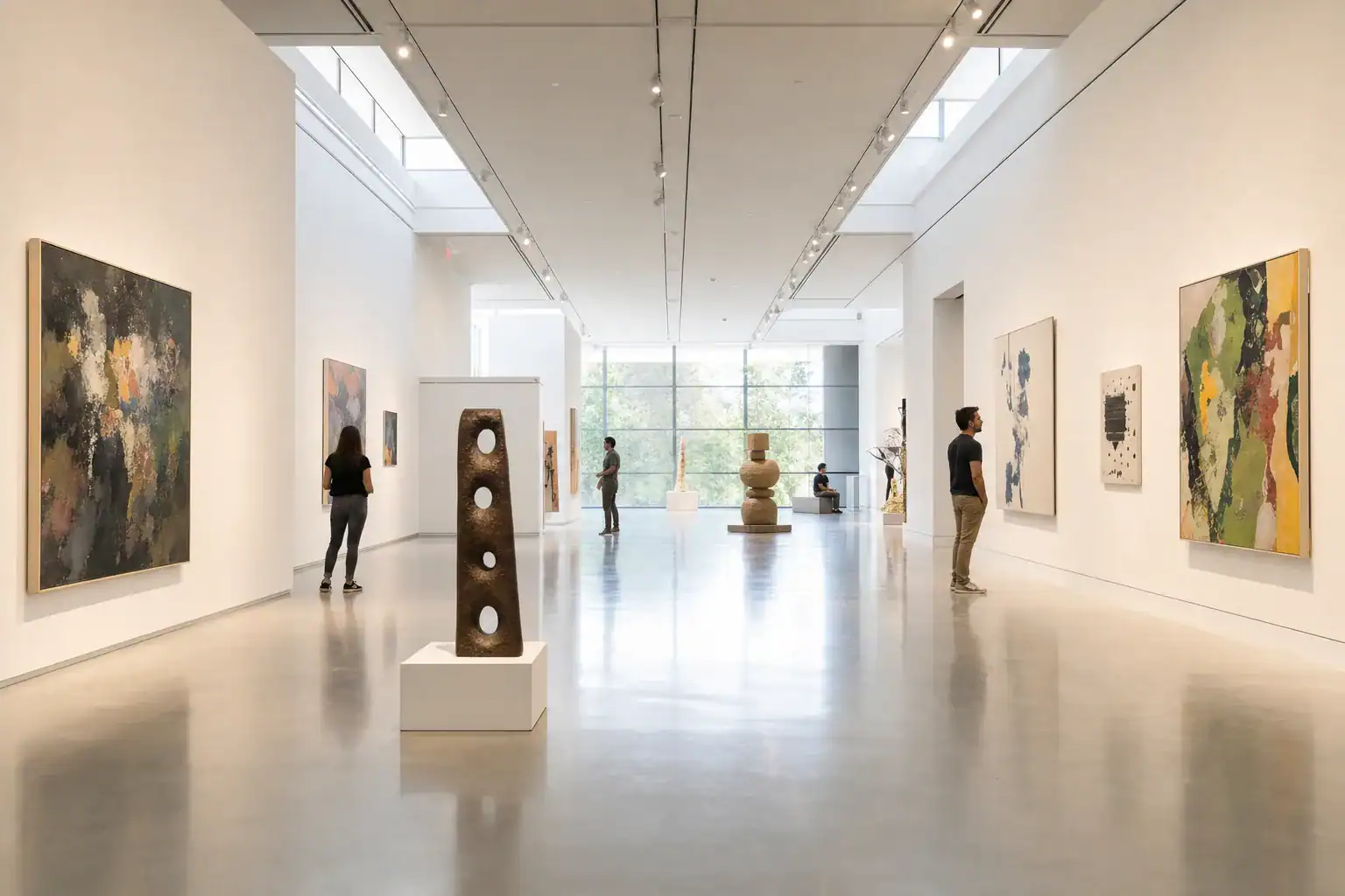 Bright contemporary art gallery with abstract paintings on white walls and pedestal sculptures, visitors observing each piece.