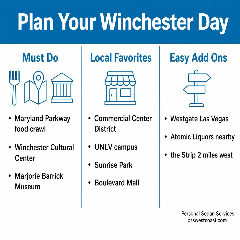 Infographic titled 'Plan Your Winchester Day' with three columns: Must Do (fork, map, and building icons) listing Maryland Parkway food crawl; Winchester Cultural Center; Marjorie Barrick Museum; Local Favorites (storefront icon) listing Commercial Center District; UNLV campus; Sunrise Park; Boulevard Mall; Easy Add Ons (directional sign icon) listing Westgate Las Vegas; Atomic Liquors nearby; the Strip 2 miles west.